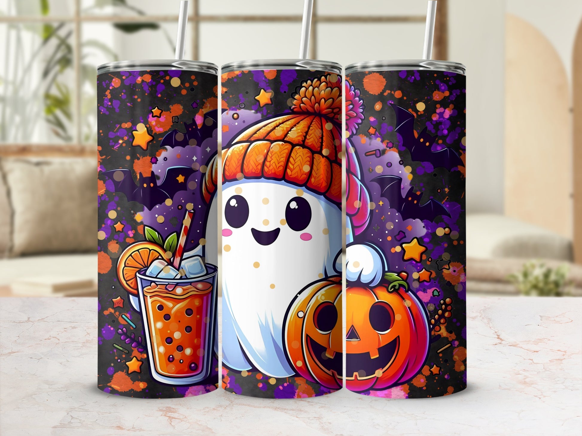 Colorful Halloween Themed Tumbler with Cute Ghost Design