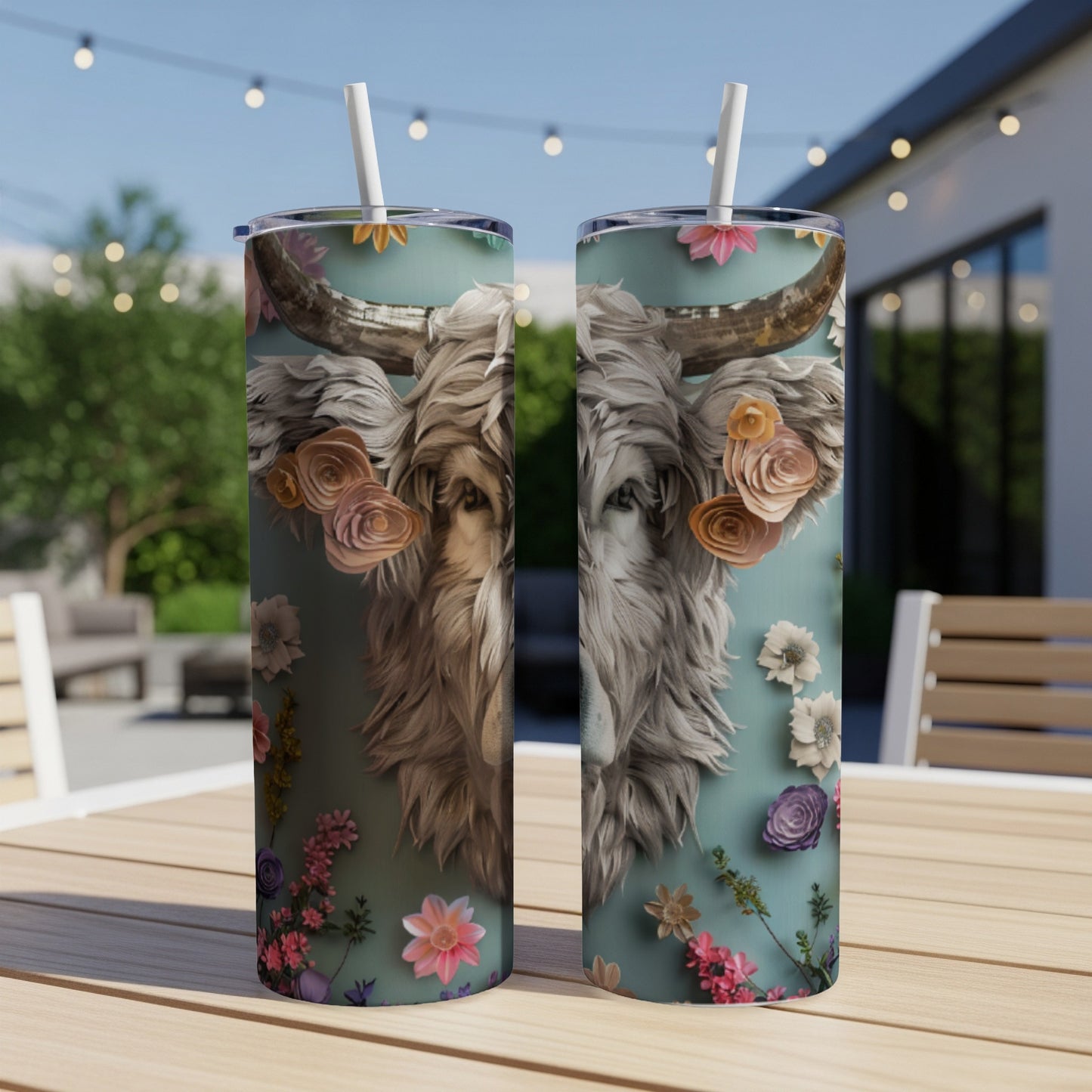 Two tumblers featuring a Highland cow with floral accents on a table.