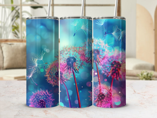 Three pink and purple dandelions with seeds floating against a bokeh background.