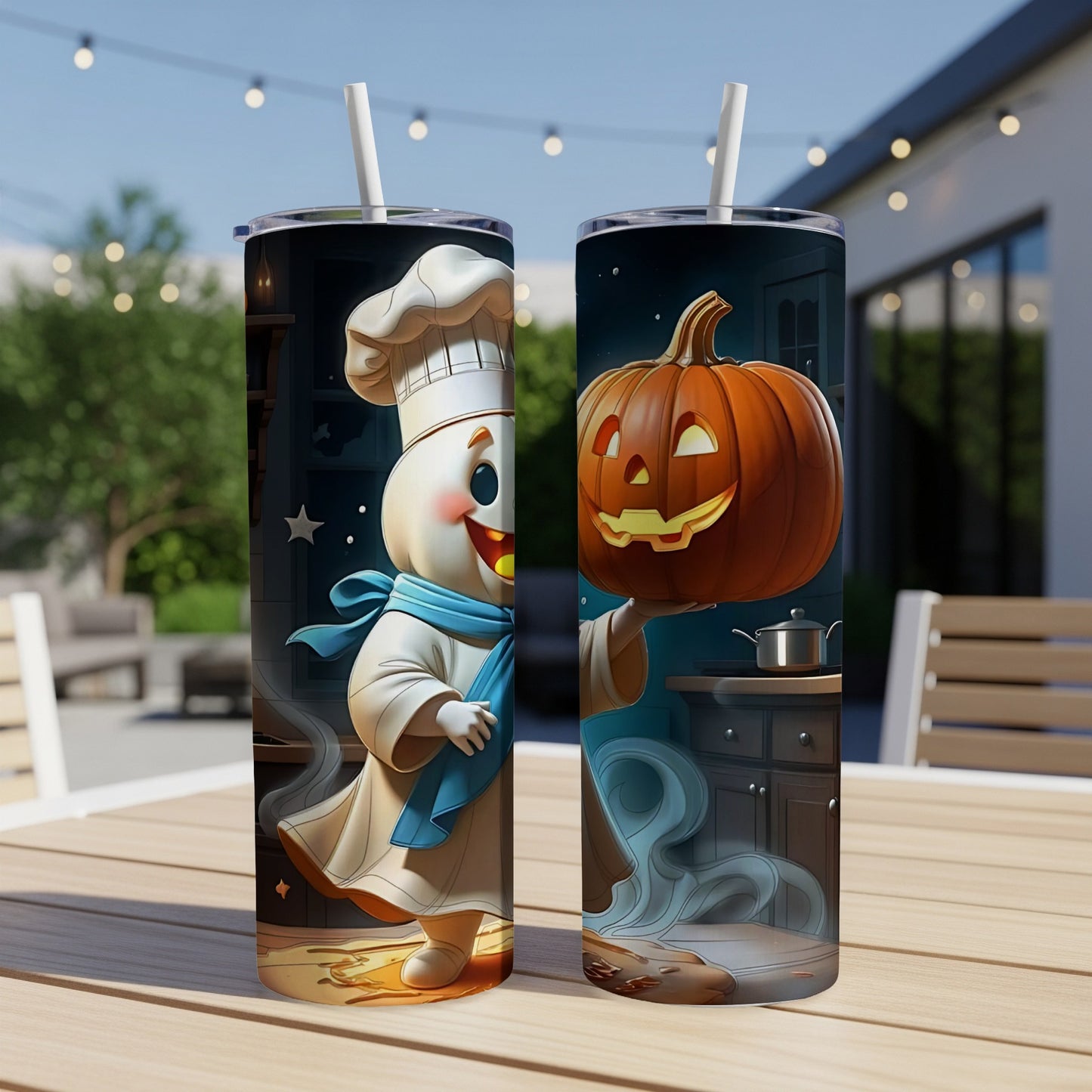 Pillsbury Doughboy in chef's hat and a jack-o'-lantern pumpkin on tumblers.
