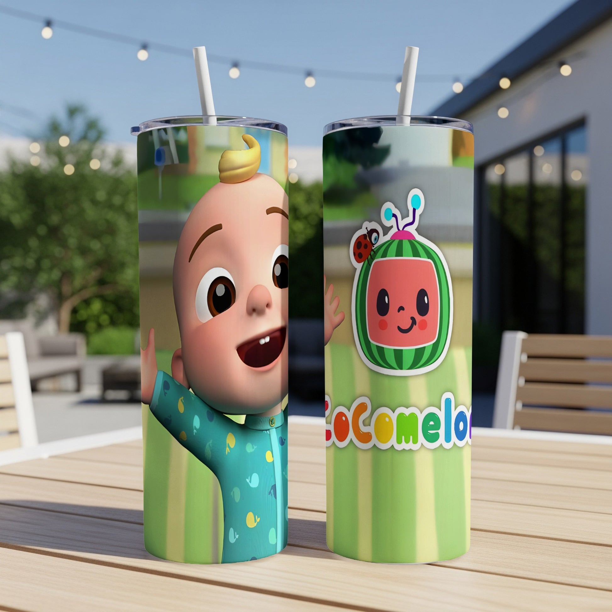 Two Cocomelon tumblers with characters and logo on a table.