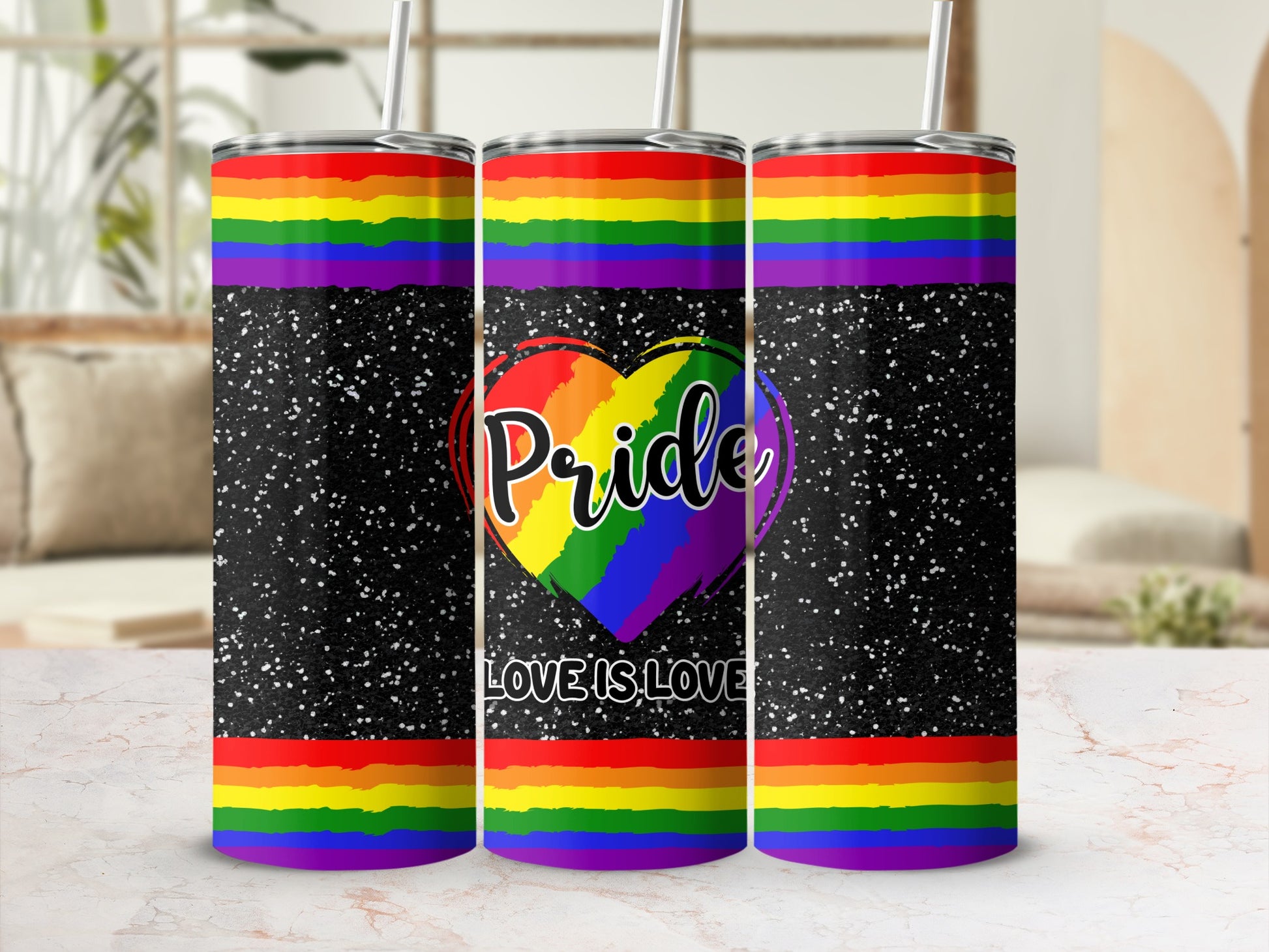 Rainbow pride tumbler with "Pride" text and glitter background.