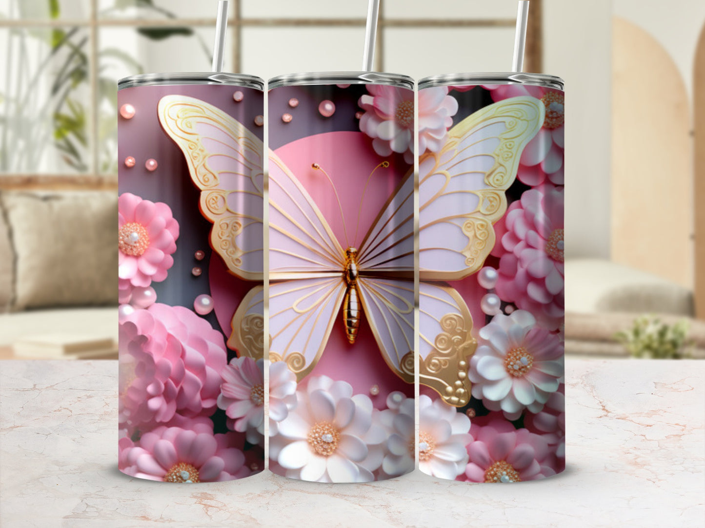 Pink butterfly and flowers tumbler with a light pink background.