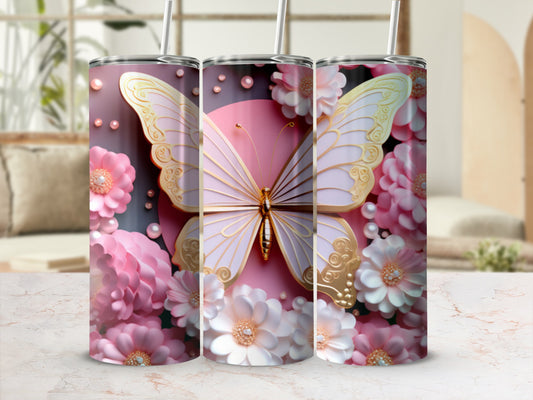 Pink butterfly and flowers tumbler with a light pink background.