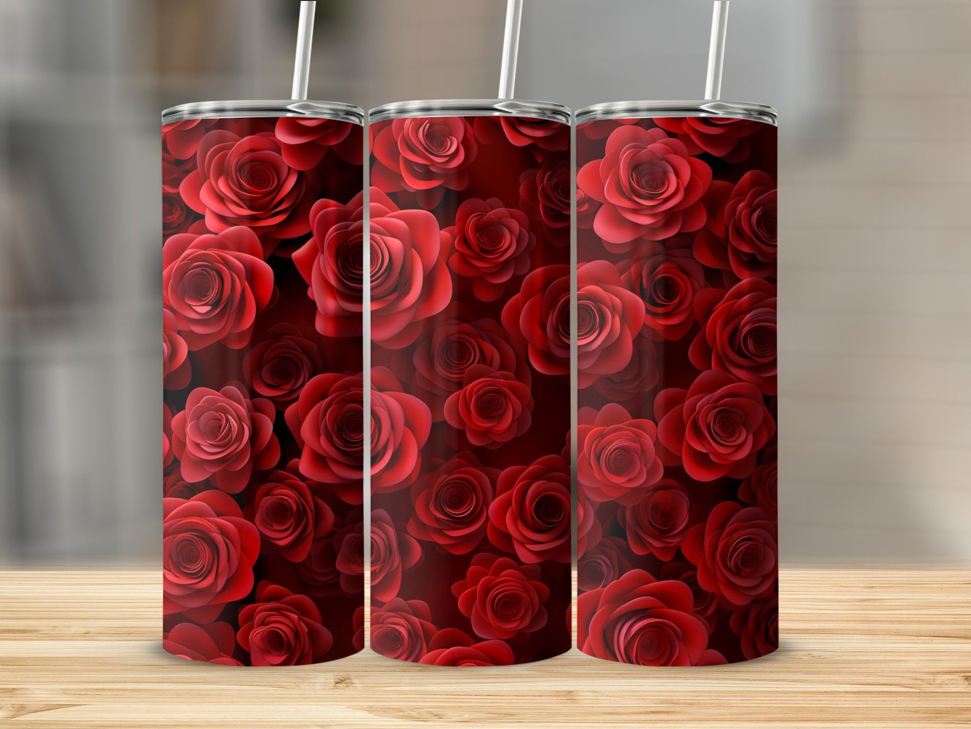 Three tumblers with a vibrant, close-up red rose pattern.