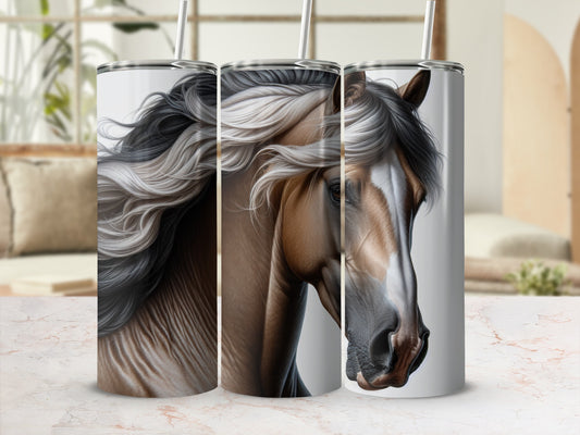 Horse portrait on three tumblers with straws, realistic rendering.