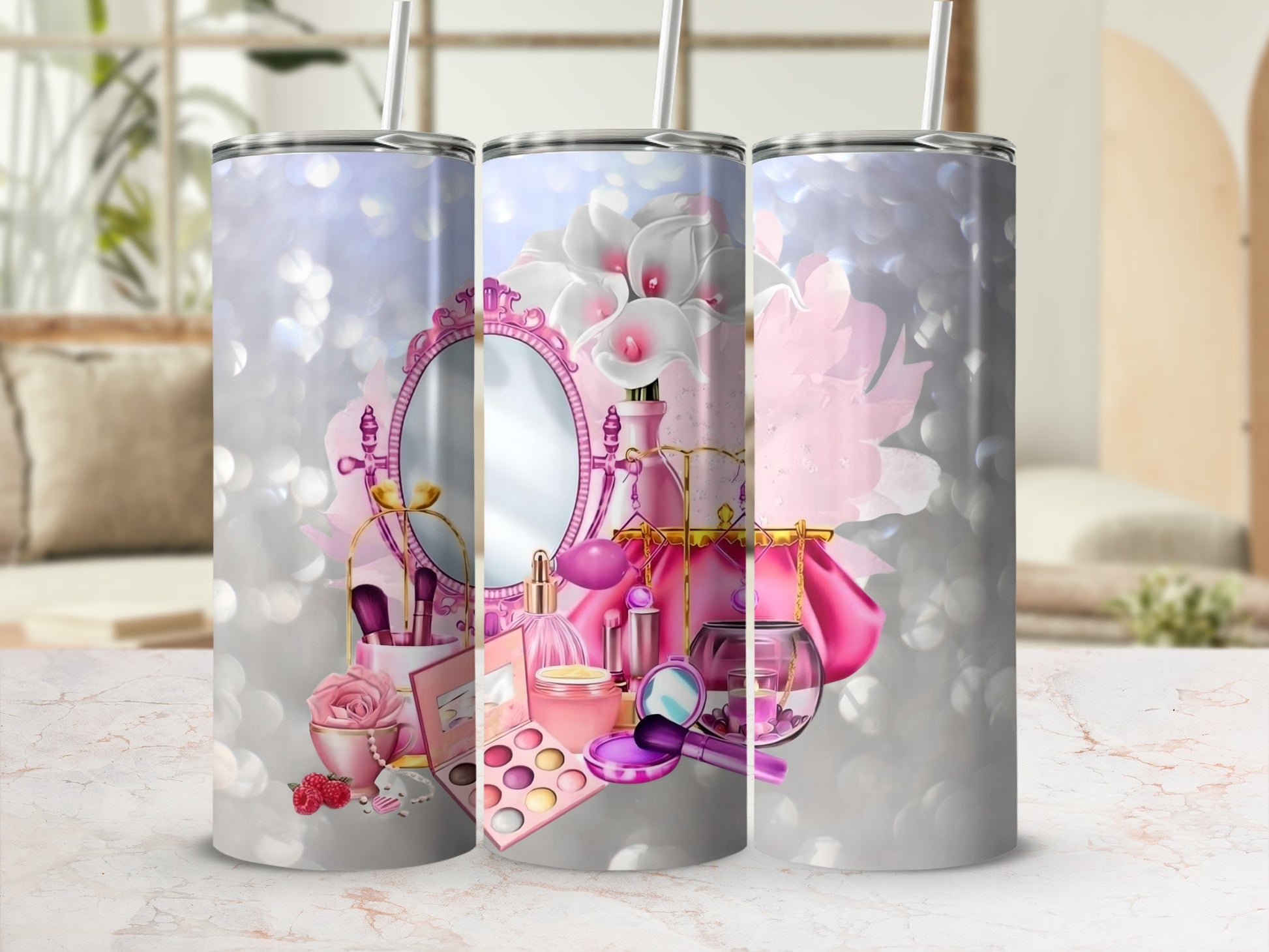 Elegant Vanity Themed Tumbler with Makeup and Roses