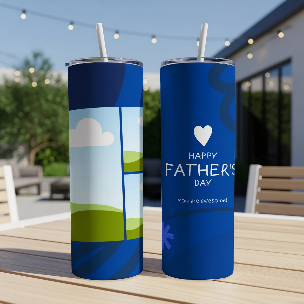 Father's Day tumbler with heart, text, and landscape design.