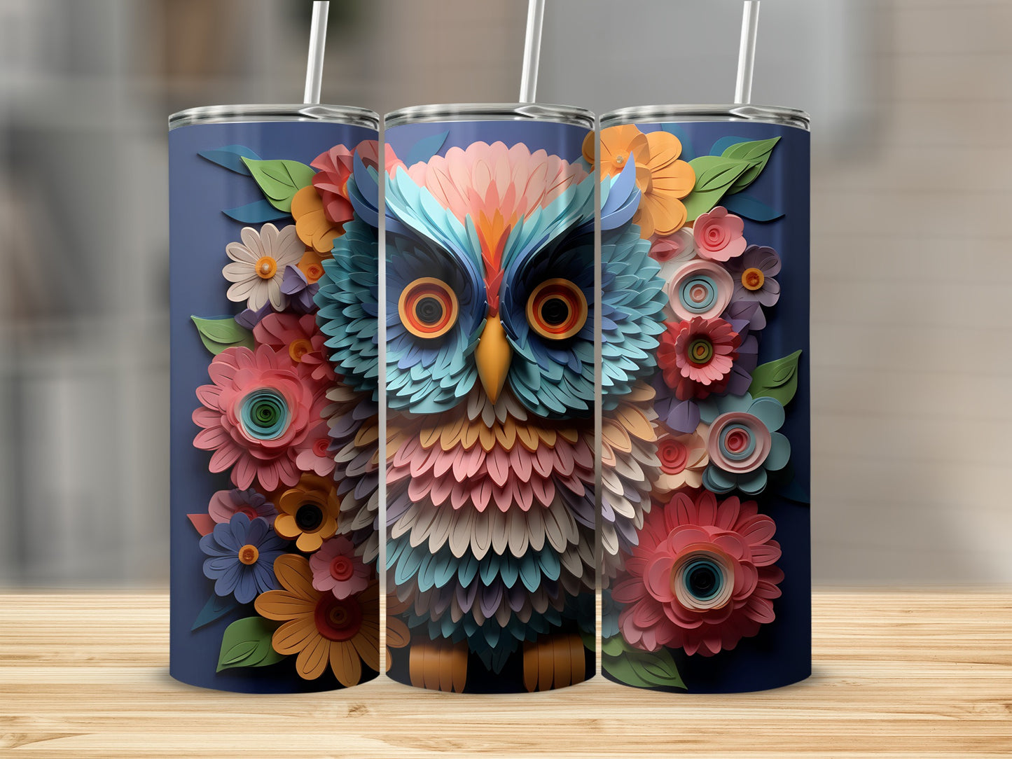 3D owl surrounded by colorful flowers on a navy blue tumbler.