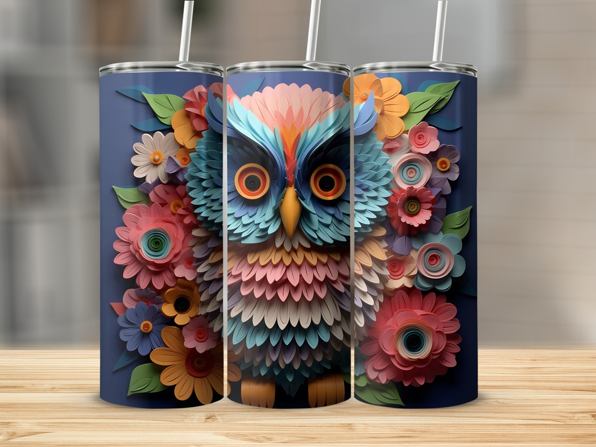 3D owl surrounded by colorful flowers on a navy blue tumbler.