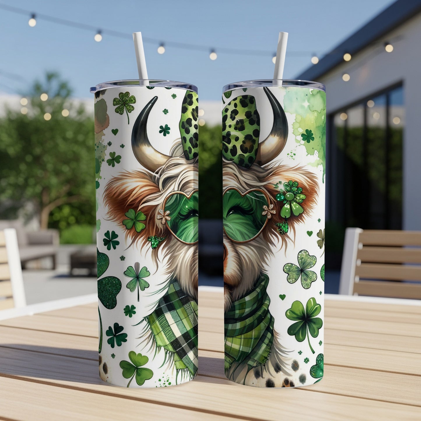 Cow wearing sunglasses and scarf, decorated with shamrocks.
