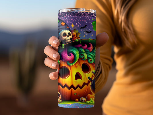 Colorful Halloween Themed Tumbler with Pumpkin Design