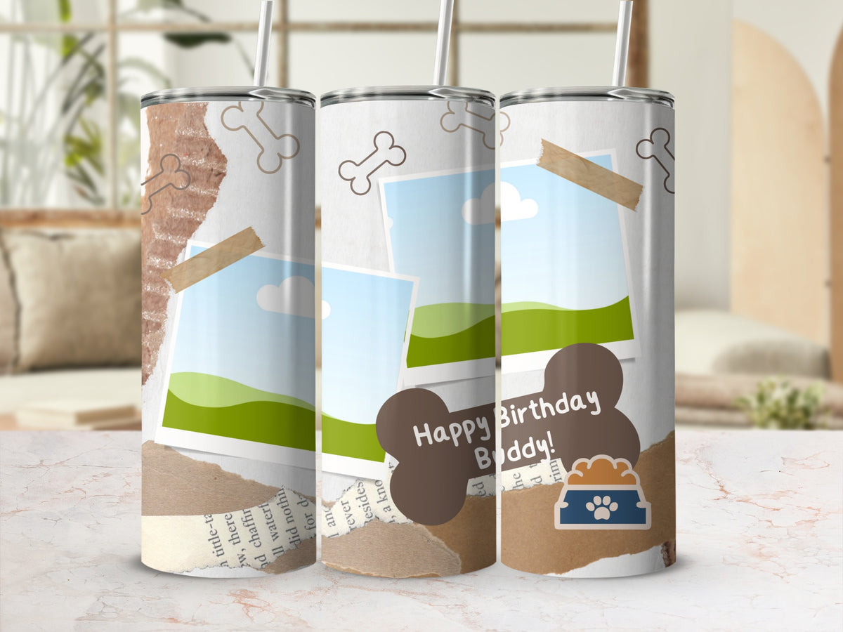 Three tumblers with torn paper, photo overlays, dog bones, and "Happy Birthday Buddy!" text.