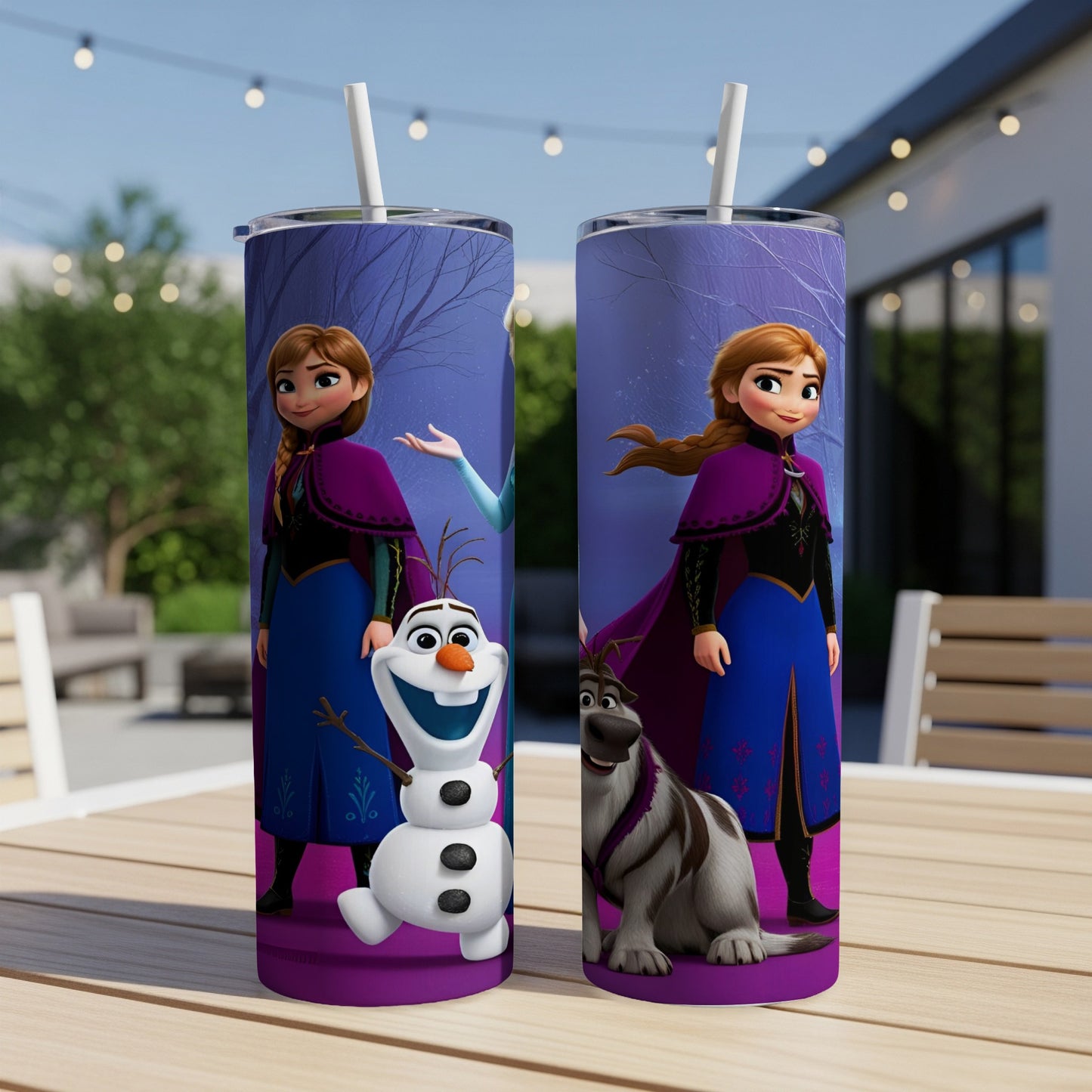 Two tumblers featuring Elsa, Anna, Olaf, and Sven from Frozen.