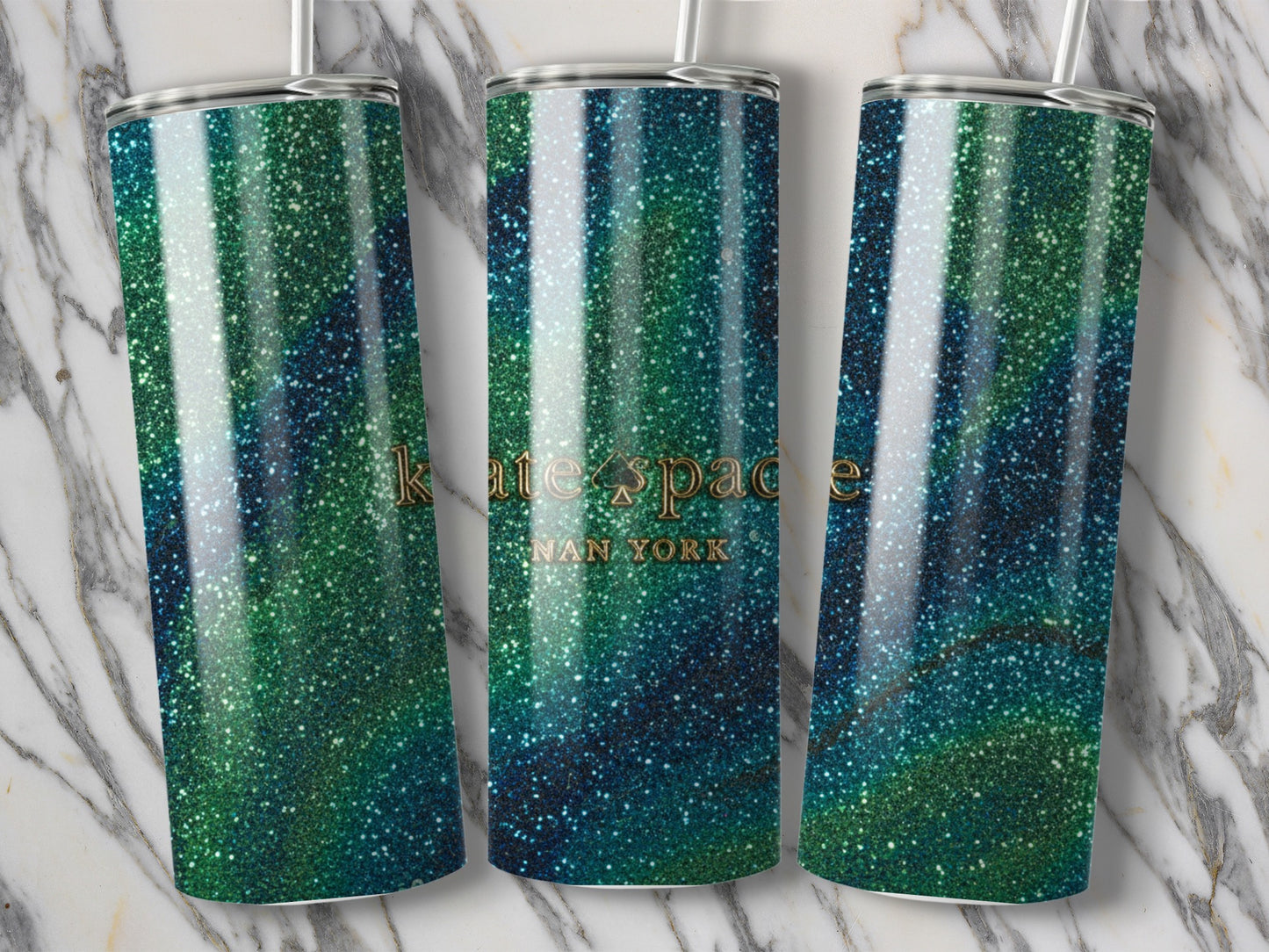 Kate Spade Inspired  New York Green and Blue Glitter Design Tumblers