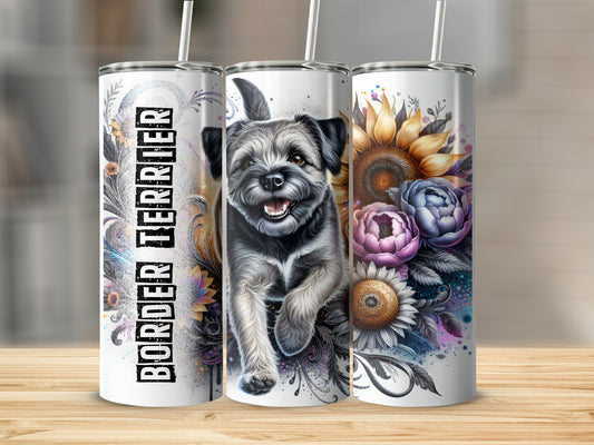 Border Terrier on a floral tumbler with sunflowers and peonies.