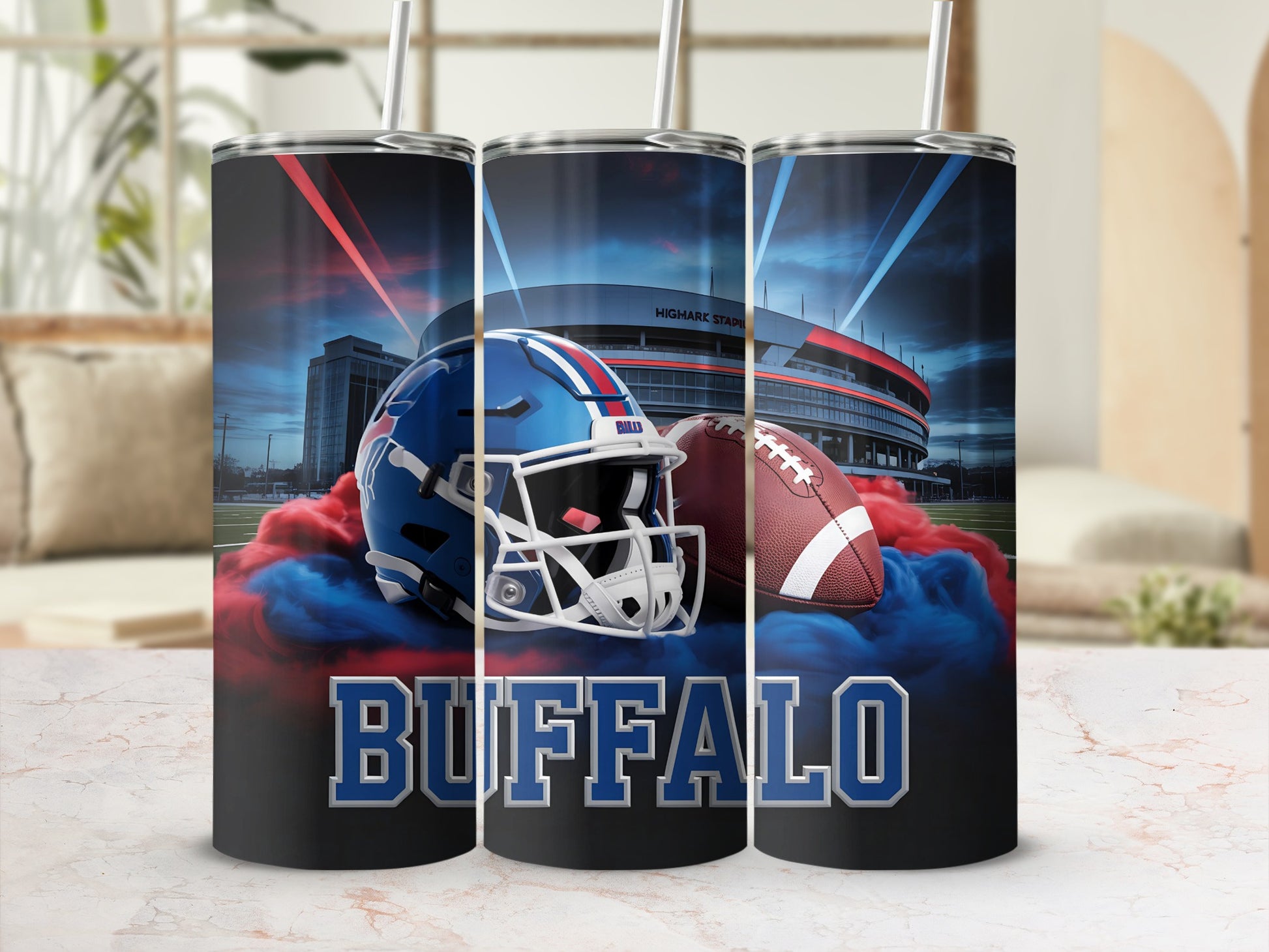Buffalo Bills helmet, football, and stadium graphic on tumblers.