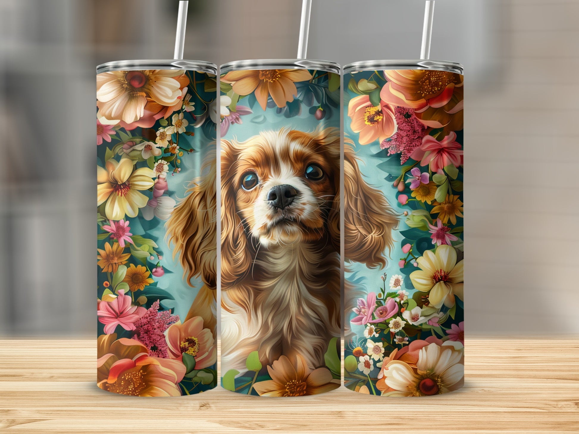 Cavalier King Charles Spaniel surrounded by colorful flowers on three tumblers.