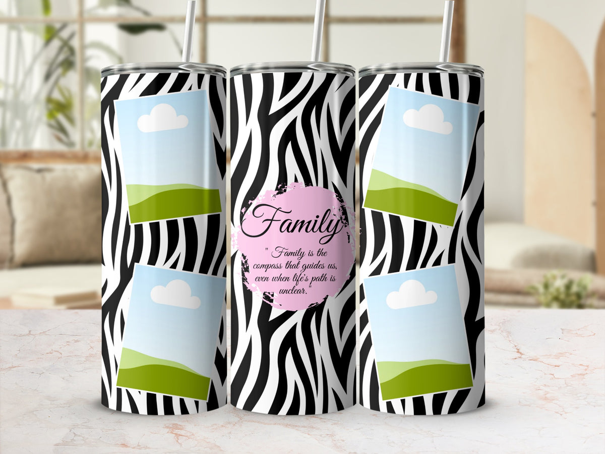 Zebra print tumbler with four photo frames and the quote "Family is the compass that guides us".