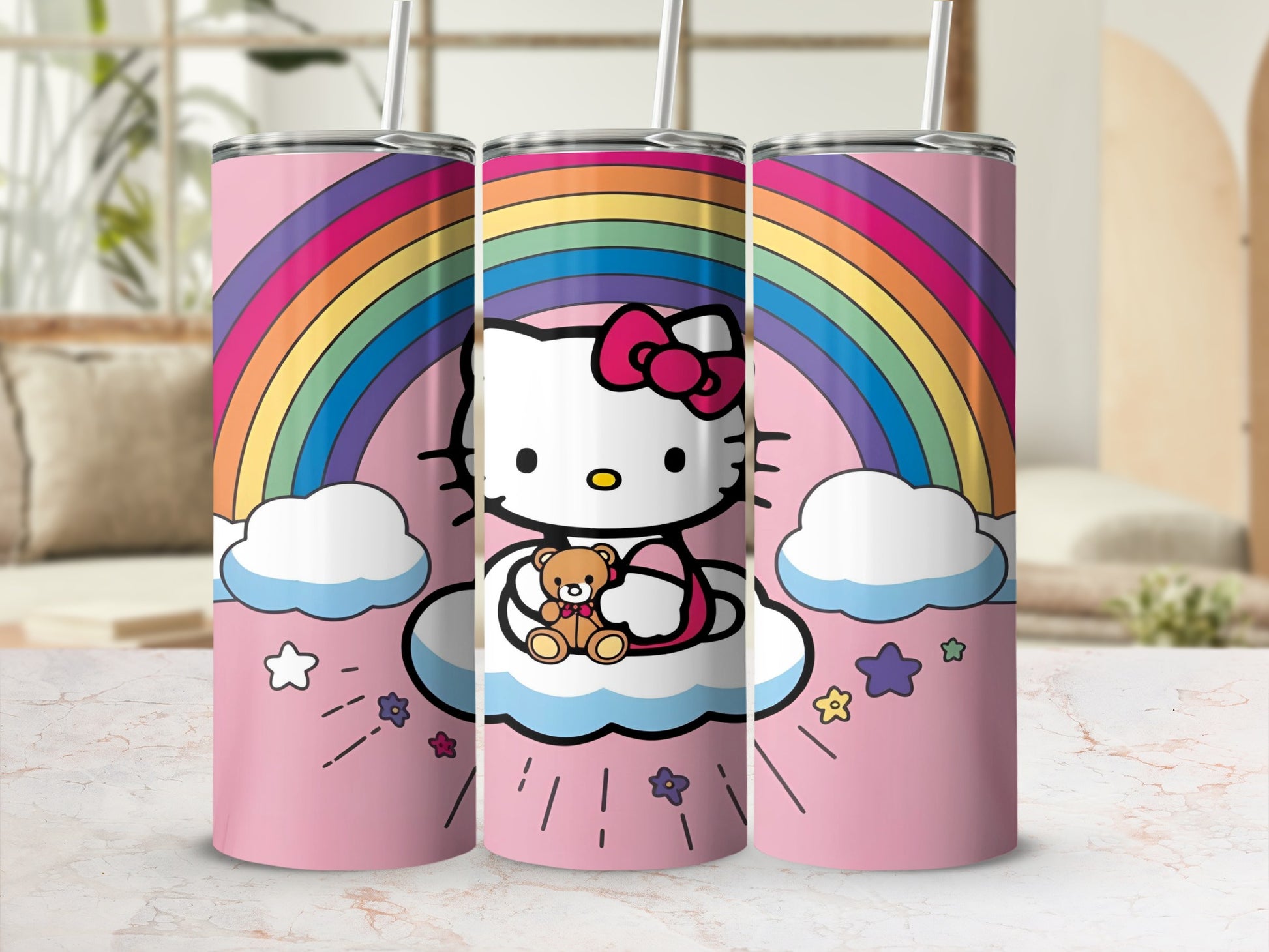 Hello Kitty with teddy bear on cloud with rainbow background on pink tumbler.