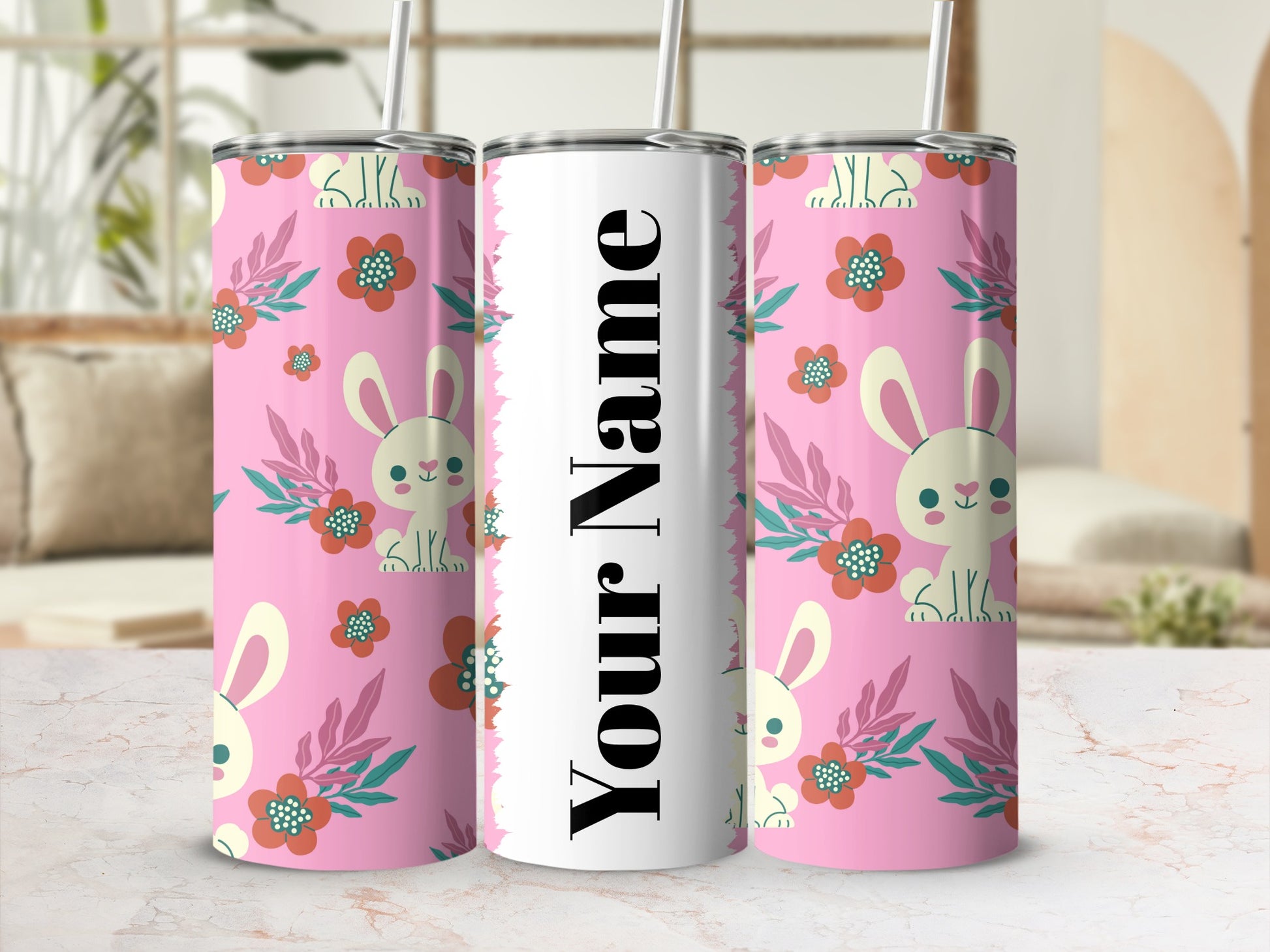 Personalized Bunny and Floral Pattern Tumbler Cup