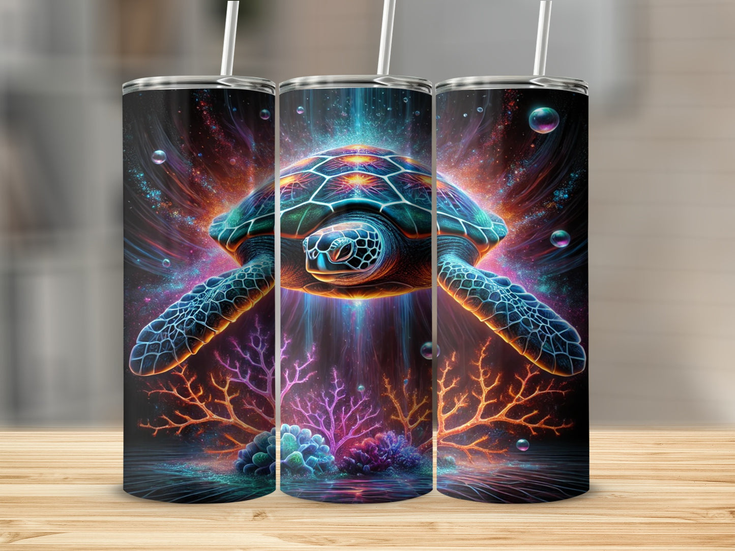 Vibrant Neon Sea Turtle Tumbler with Straw - 20oz Cup