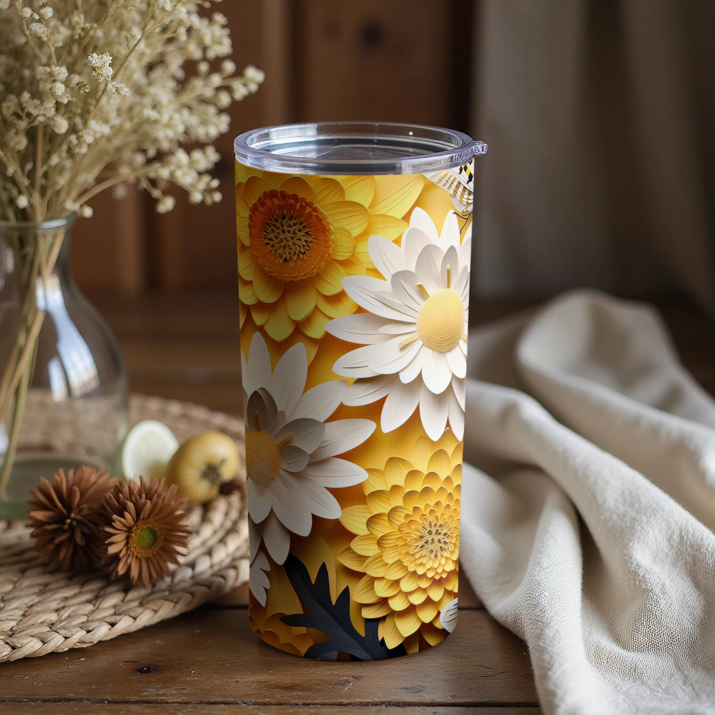 Vibrant Floral Print Tumbler With Daisies and Sunflowers