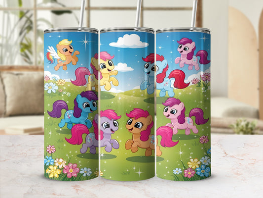 Three tumblers with cartoon ponies and flowers on a grassy background.