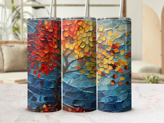 Three tumblers with textured fall tree and falling leaves painting.