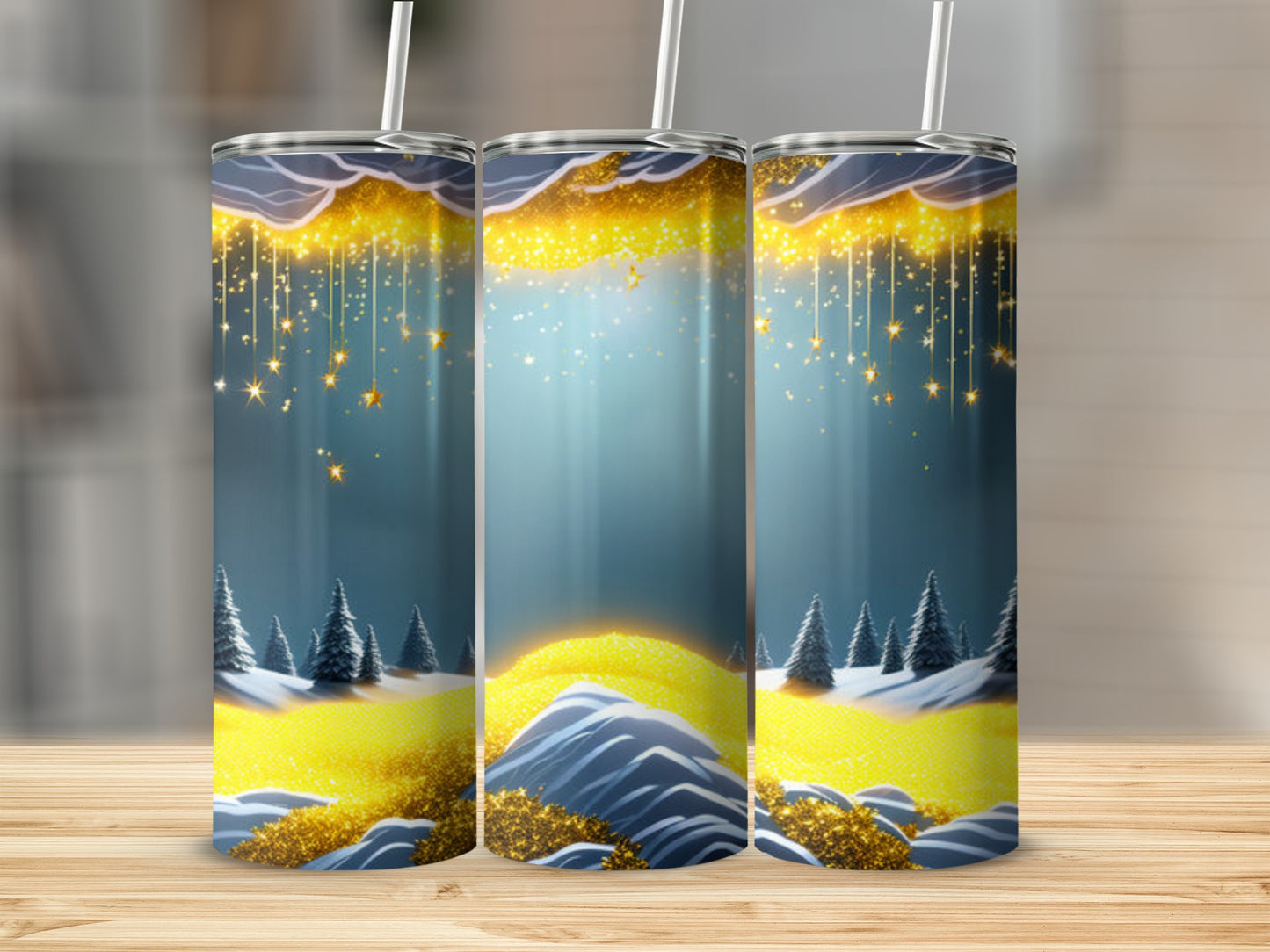Winter landscape with glittering snow and starry sky, on three tumblers.