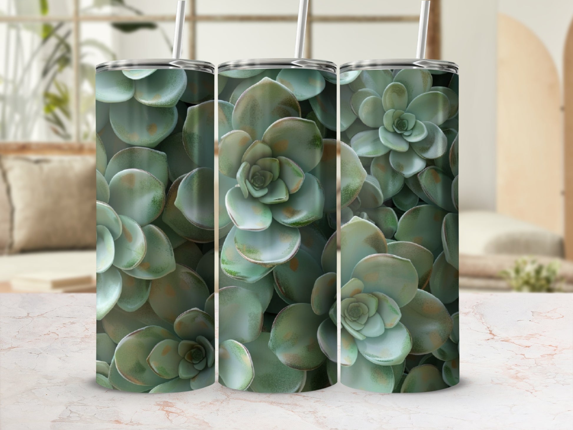 Three tumblers featuring a close-up succulent plant pattern.
