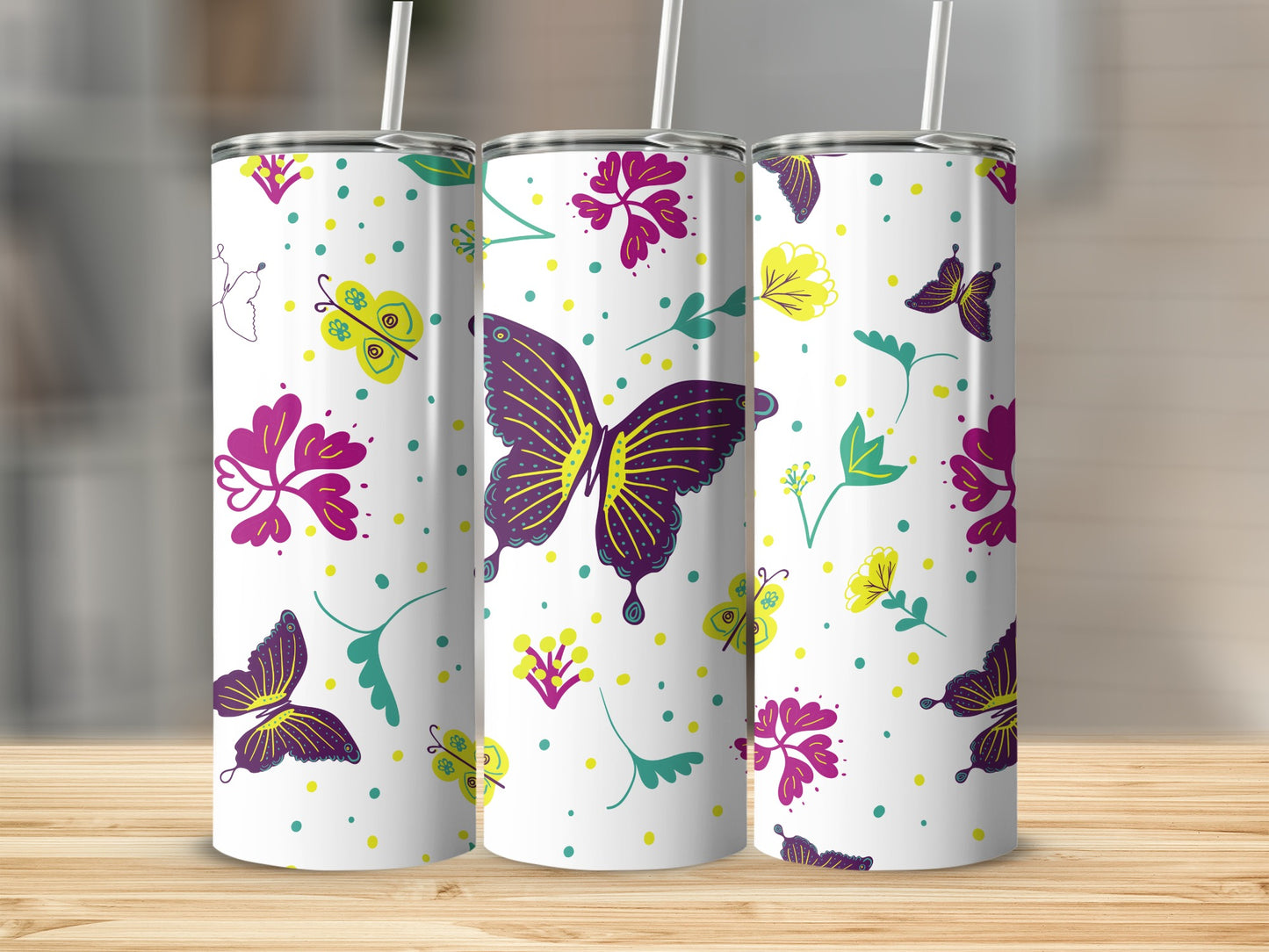 Colorful Butterfly and Floral Patterned Drink Tumblers
