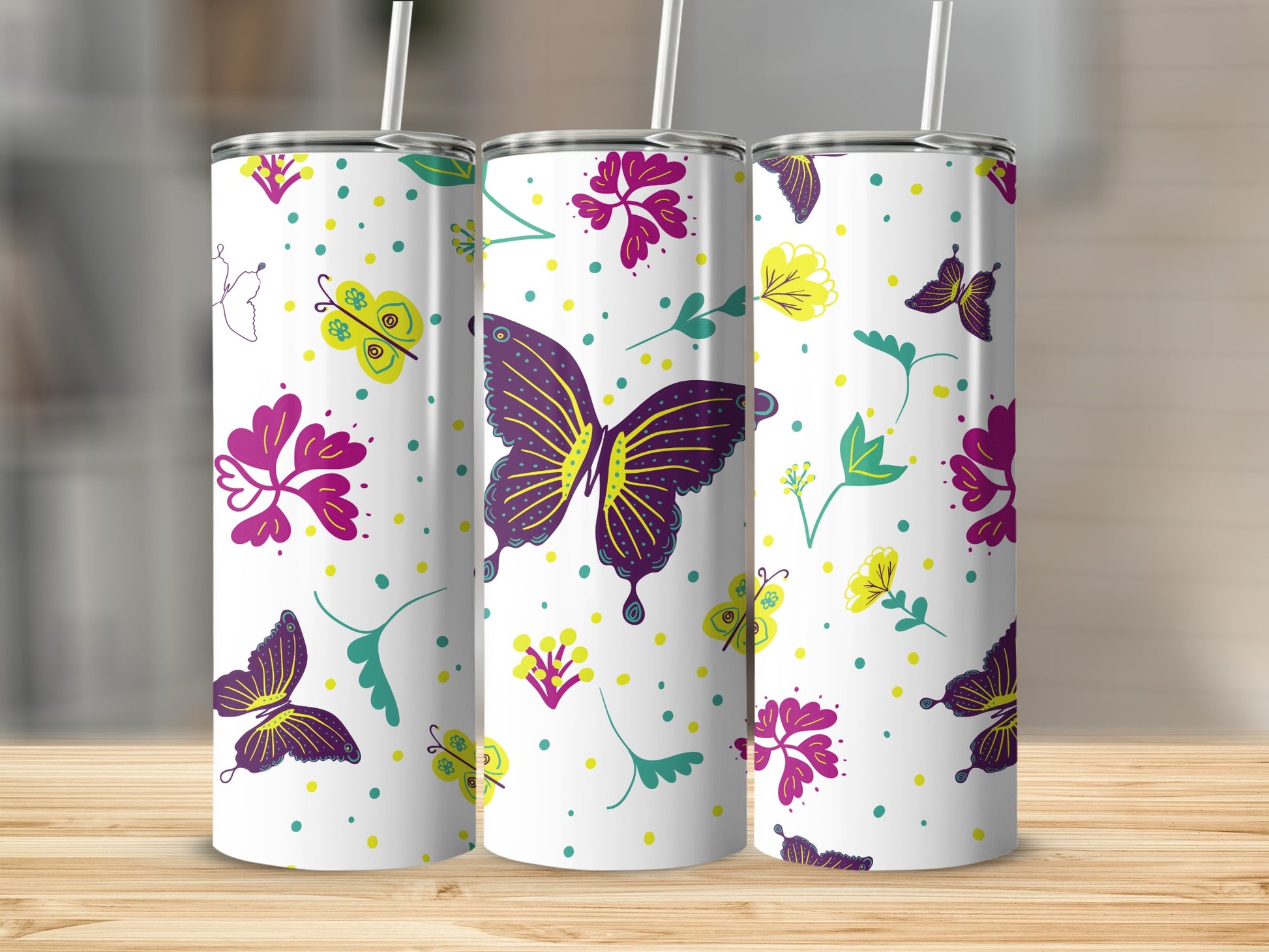 Colorful Butterfly and Floral Patterned Drink Tumblers