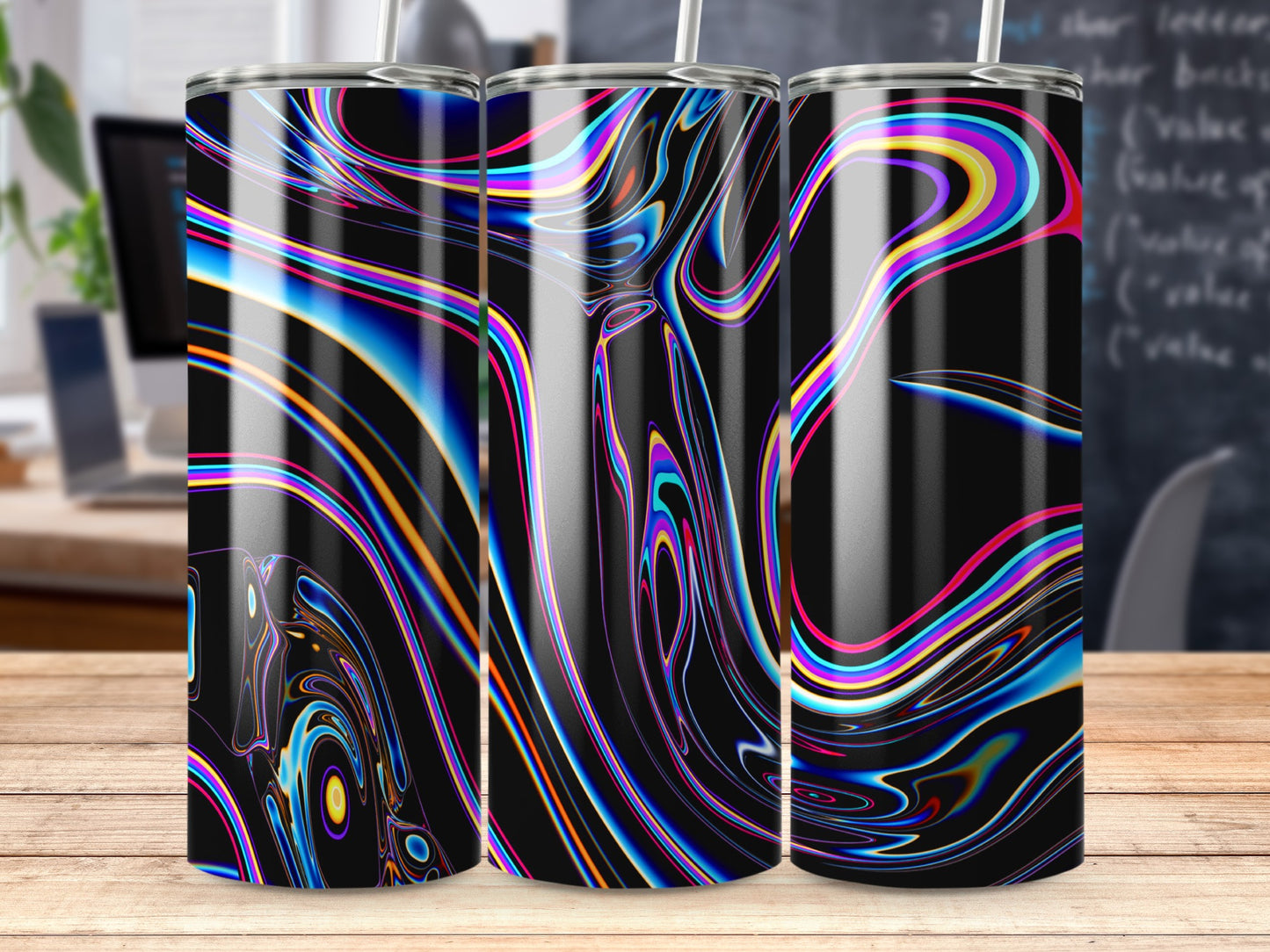 Fluid Lines Swirls Colorful on a Black Background Tumblers