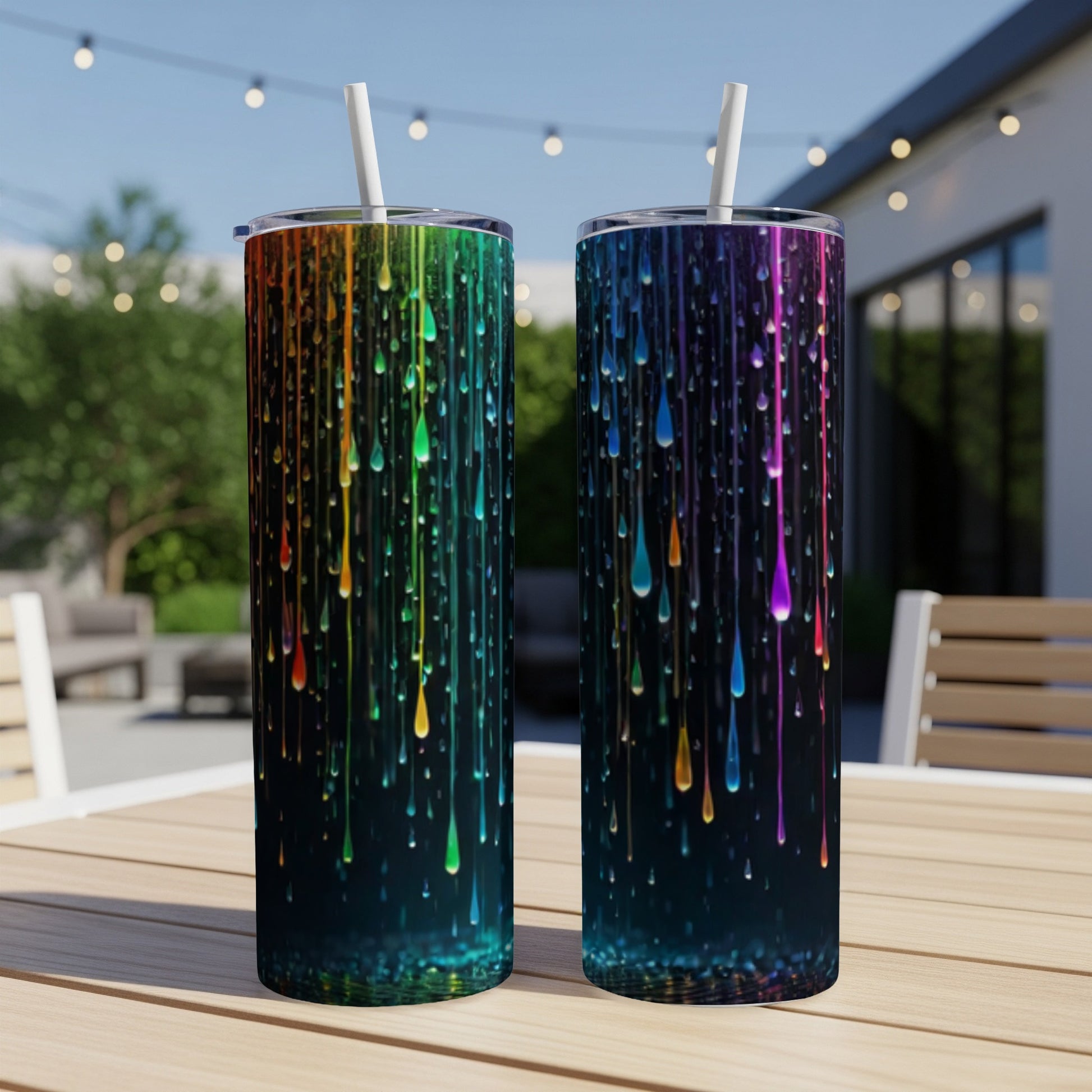Two tumblers with colorful dripping paint design on outdoor table.