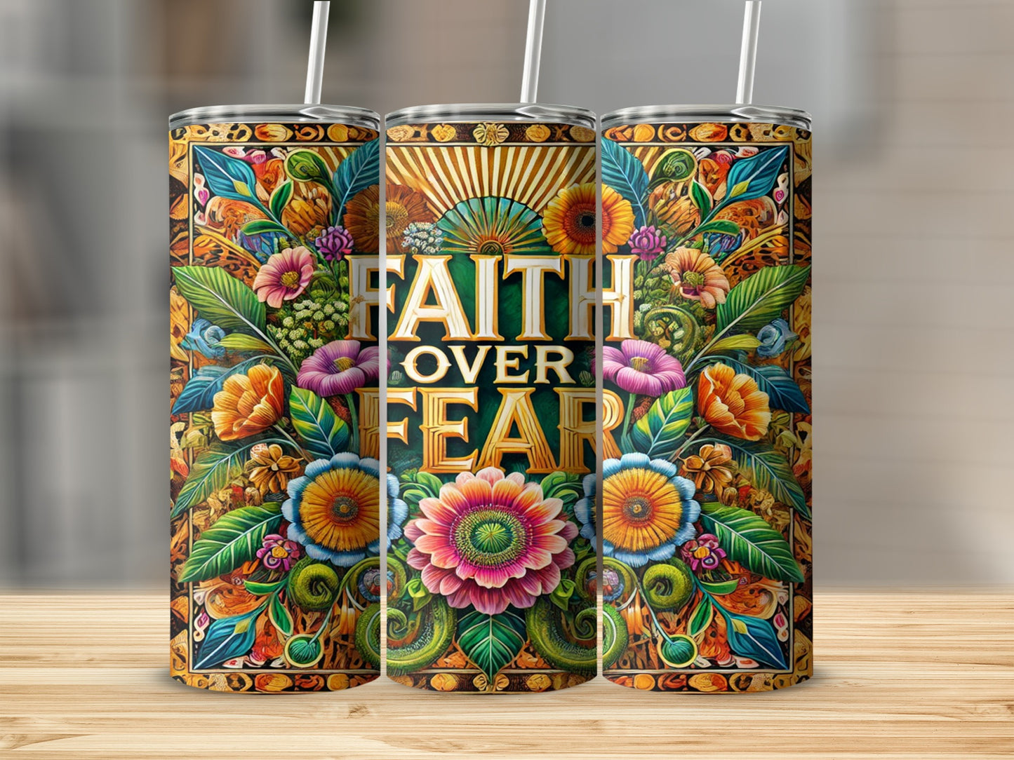 Faith Over Fear Colorful Floral Design Drinkware