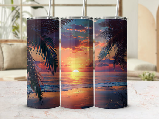 Three tumblers displaying a tropical sunset with palm trees.