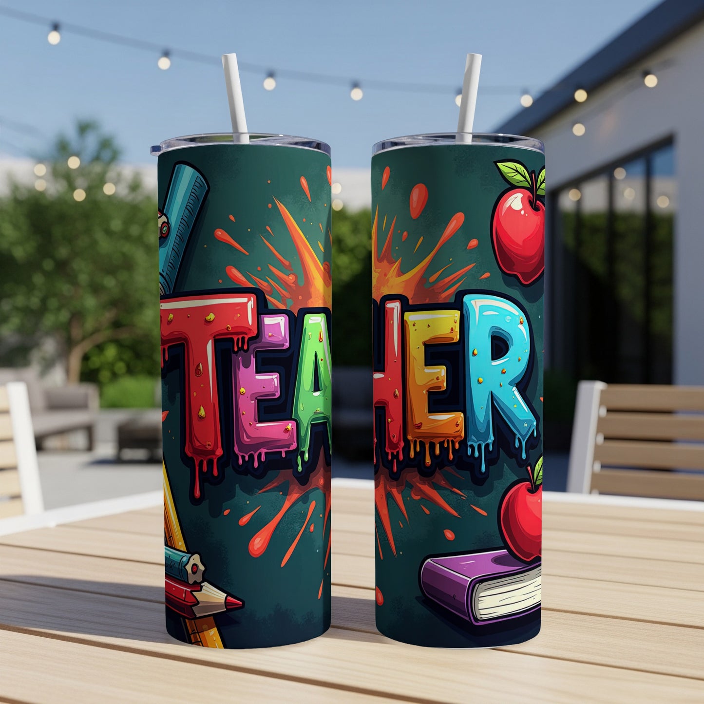 Teacher tumbler with colorful school supplies and text.