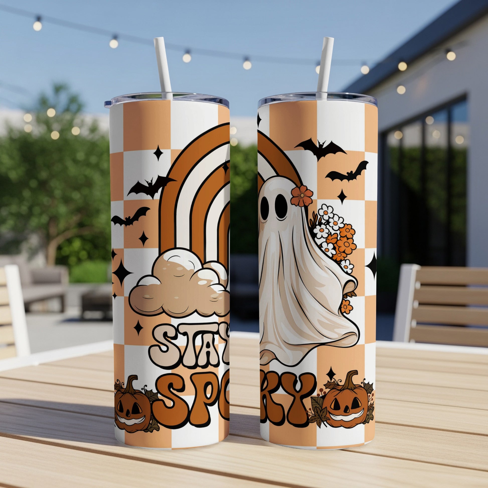Halloween tumblers with a ghost, pumpkins, bats, rainbow, and text "STAY SPOOKY".