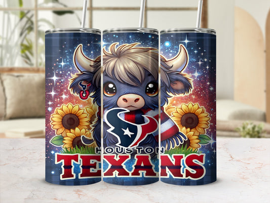 Houston Texans tumbler with a cartoon bull and sunflowers.