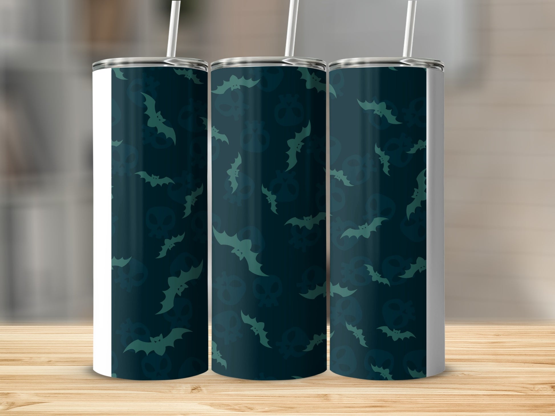 Dark Teal Blue Bats Skulls Pattern Spooky Halloween Tumbler product type