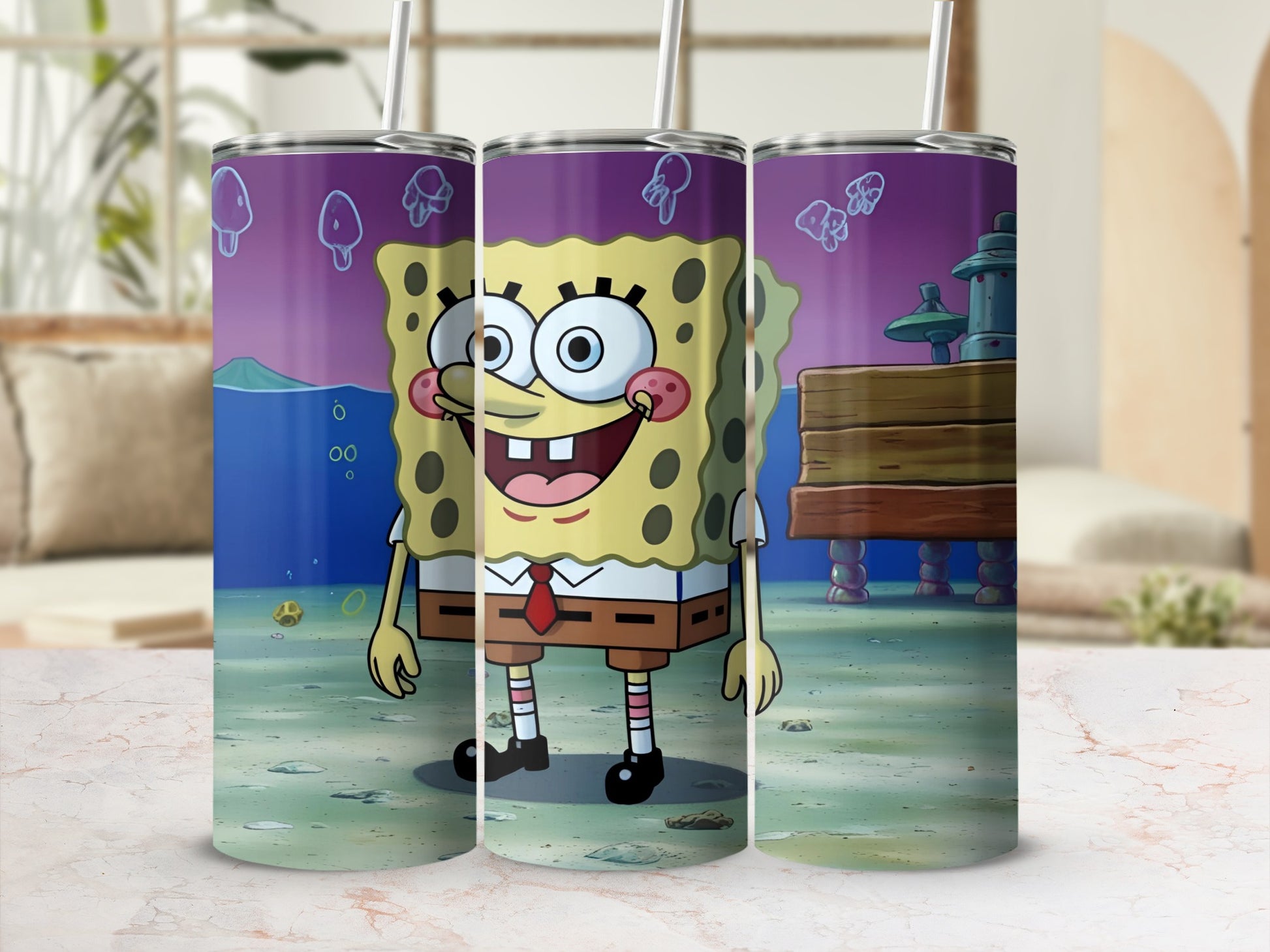 SpongeBob SquarePants character with "SpongeBob" text on a purple tumbler.