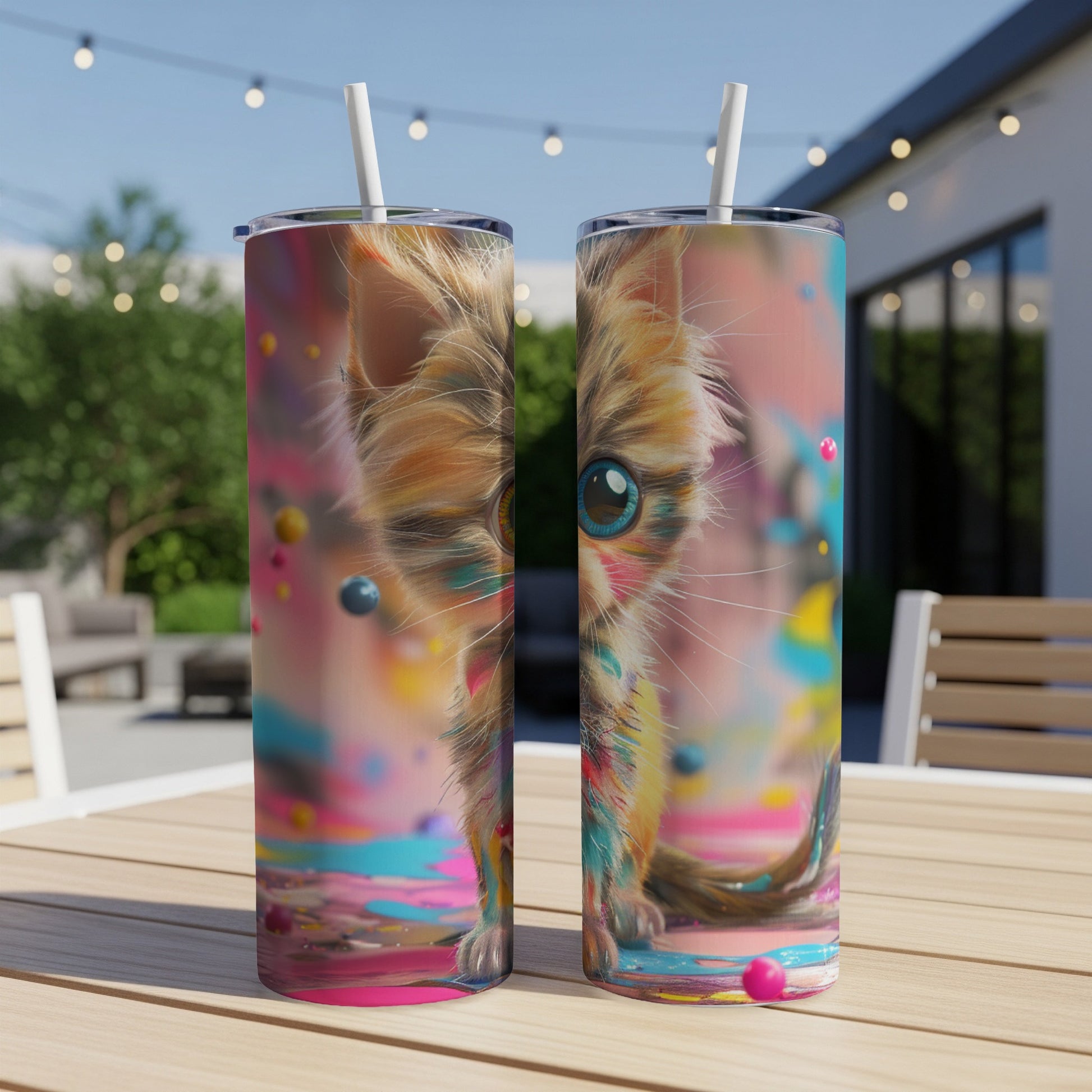 Two tumblers with a colorful, whimsical kitten design sit on a wooden table outdoors.