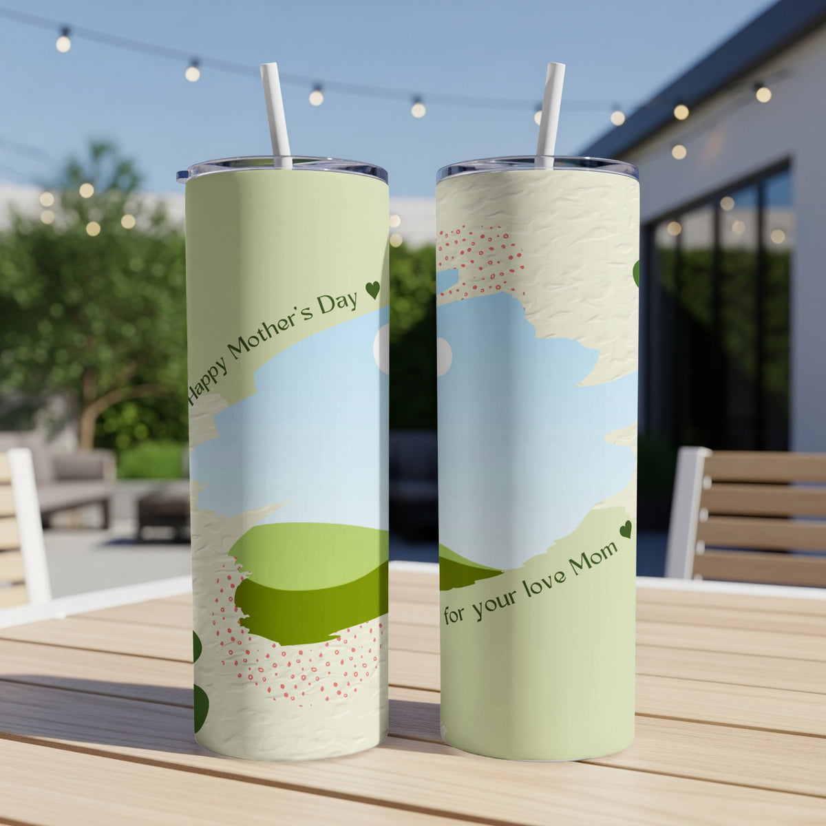 Two tall tumblers with a pastel green background and a Mother's Day design.