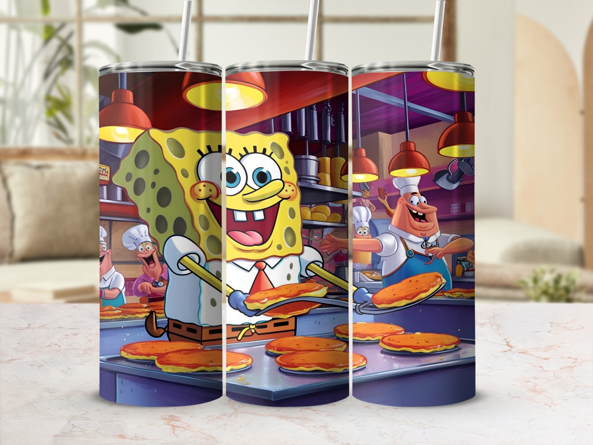 SpongeBob SquarePants character cooking Krabby Patties in kitchen scene.