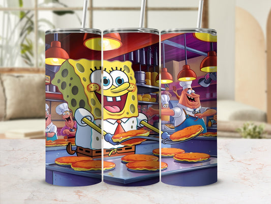 SpongeBob SquarePants character cooking Krabby Patties in kitchen scene.