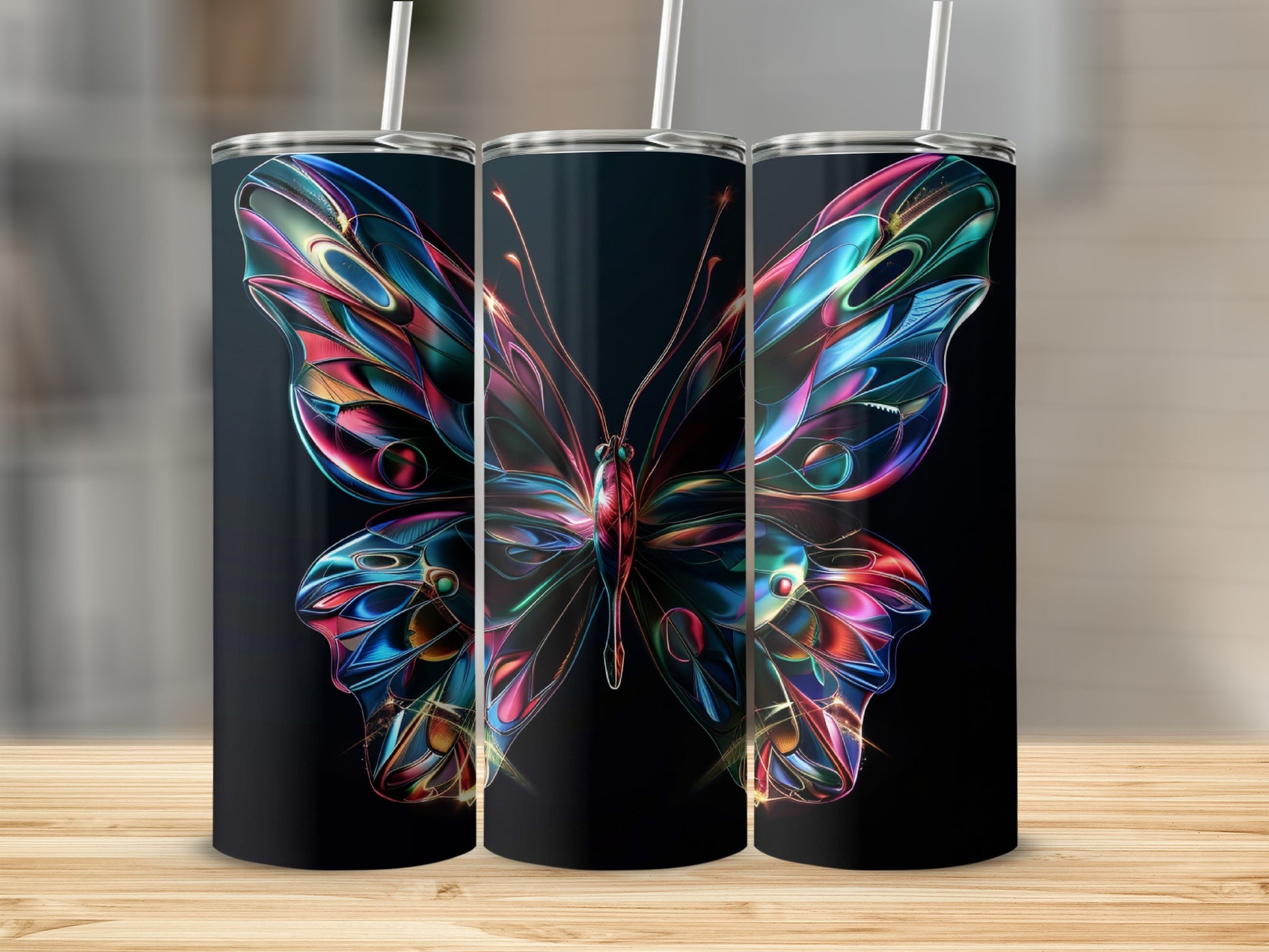 Three tumblers with a colorful iridescent butterfly design on black.