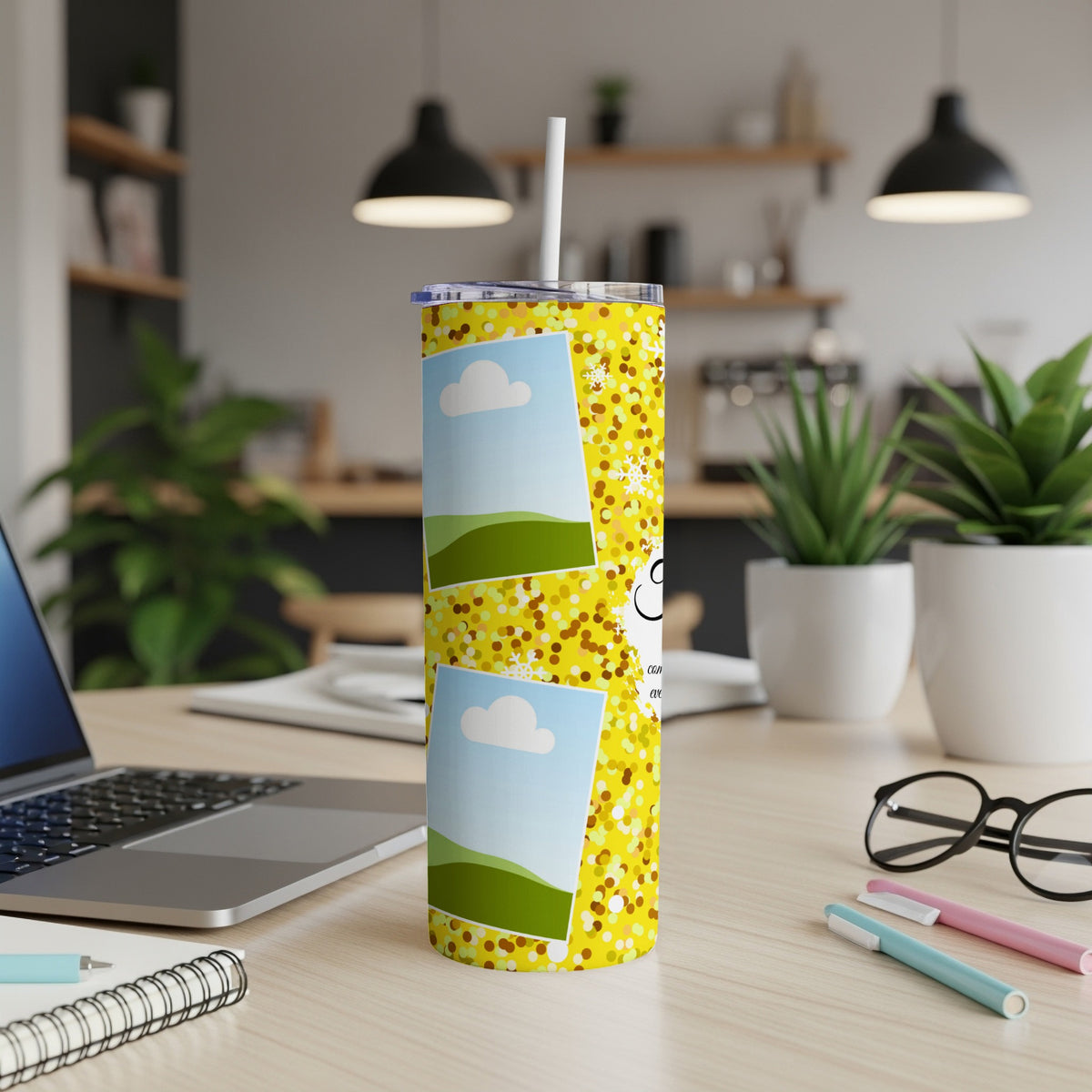 Yellow tumbler with photo placeholders, glitter, and snowflake designs.
