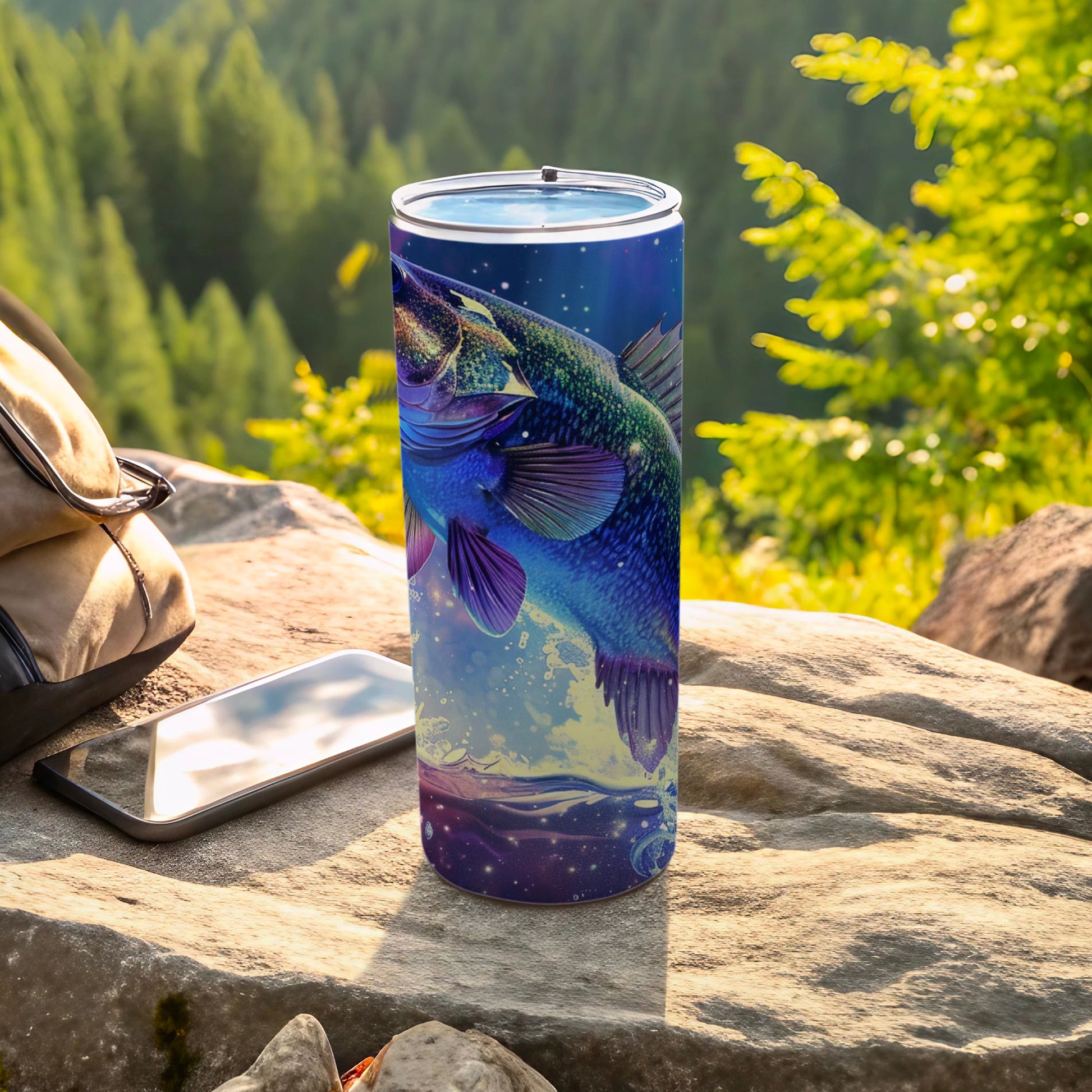 Dark blue fish with colorful scales on a starry background wraps a tumbler.