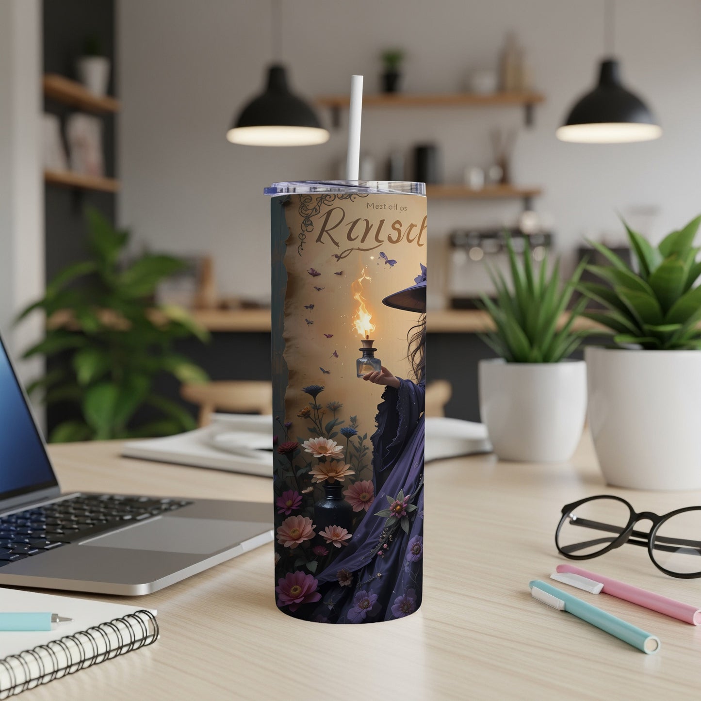 Tumbler with witch holding glowing potion bottle and floral design.